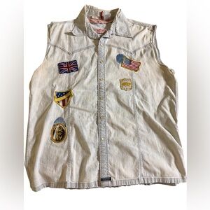 Vintage Men's Parasuco Sleeveless Faded Denim Shirt with Patches 2X